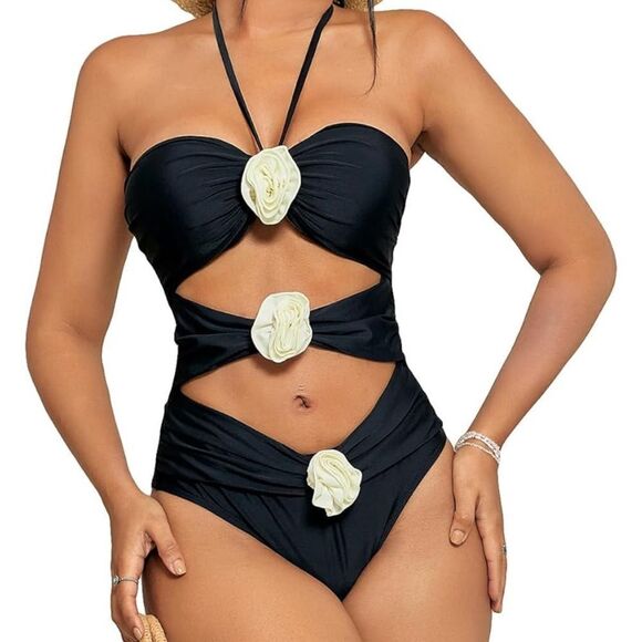 BEAUDRM Women's Halter Neck 3D Flower Decoration Sexy One-Piece Cut Out Swimsuit - Picture 1 of 7